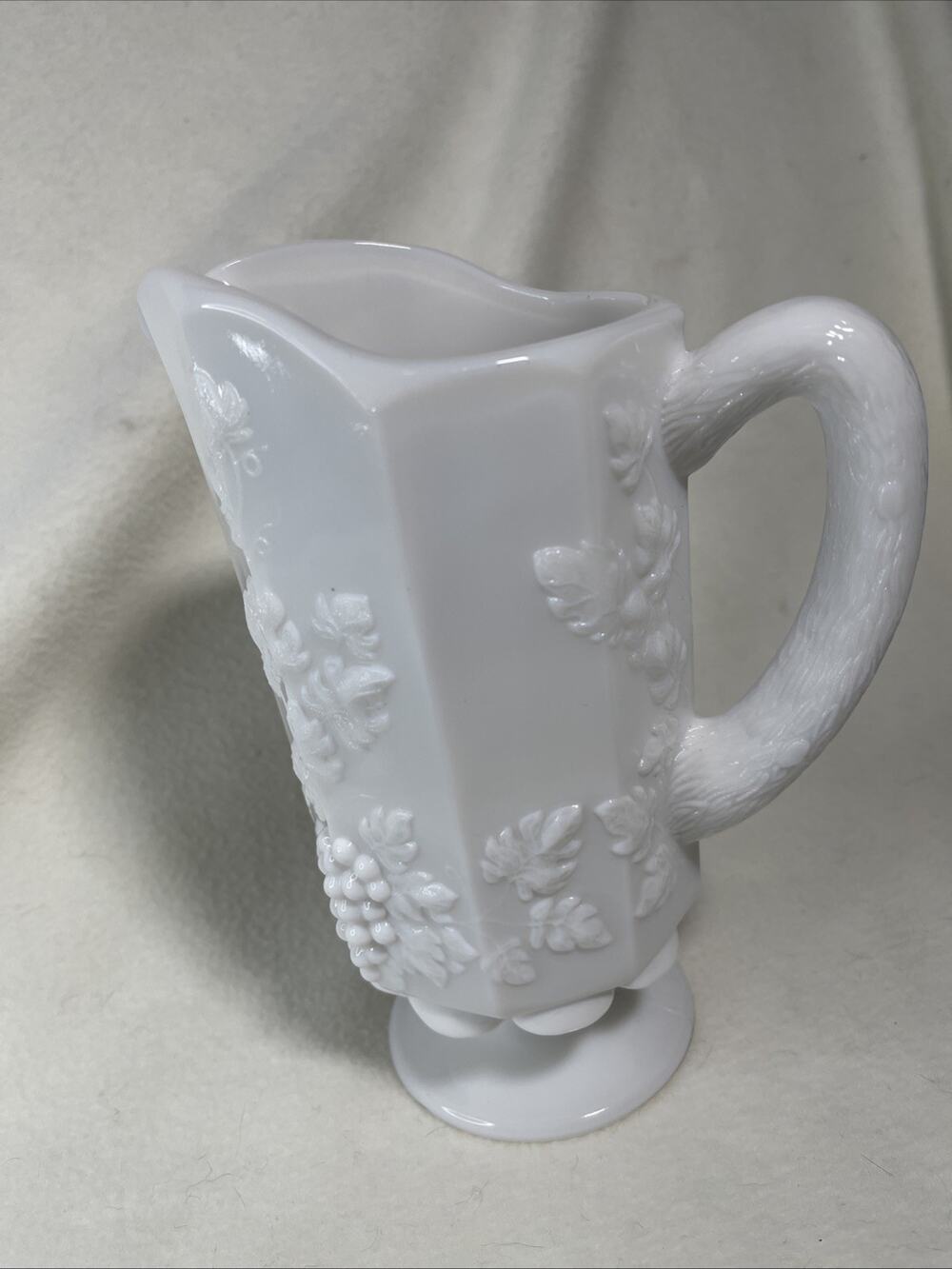 Vintage Westmoreland Milk Glass Paneled 8" Pitcher Grape Pattern Vine Handle